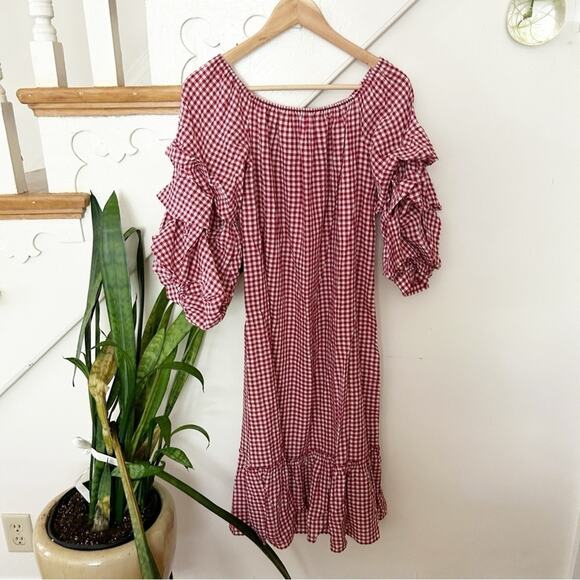 Zara Off the Shoulder Gingham Dress Red White Tiered Ruffle Sleeve Size M - Picture 2 of 10